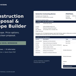 May include: A dark blue digital display for a Construction Proposal & Scope Builder Excel workbook. It features white text, a sample proposal document for Harborline Contracting, 20 scope rows, 10 alternates, and a Quick Start PDF guide.