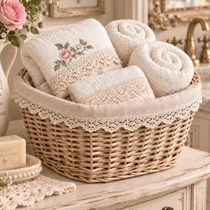May include: A woven wicker basket containing several cream-colored towels with lace trim and floral embroidery. The basket is lined with a cream fabric featuring a lace border. A bar of soap labeled Savon de Provence sits nearby.