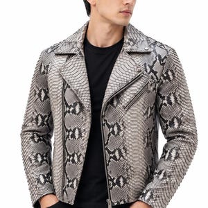 Men's Snake Embossed Leather Biker Jacket | Grey Python Print Motorcycle Outerwear 3rd wedding anniversary gift ,
