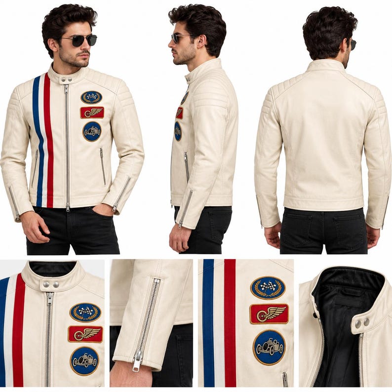 Car Racing Leather Jacket Men's White Café Racer Leather Jacket, Vintage Racing Stripes & Patches ...