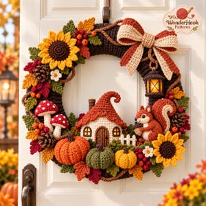 Crochet Autumn Wreath Pattern PDF | Enchanted Cottage, Squirrel, Pumpkins & Mushrooms | Fall Door Decor Digital Download