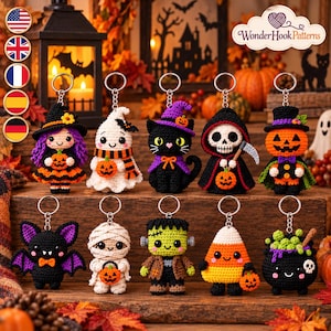 May include: A collection of ten crocheted Halloween-themed keychains featuring a witch, ghost, black cat, grim reaper, pumpkin, bat, mummy, Frankenstein monster, candy corn, and a cauldron, each attached to a silver metal keyring.