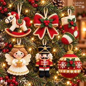May include: Six crocheted Christmas ornaments hanging on a tree: a rocking horse, a red bow with holly, a stocking, an angel holding a star, a nutcracker, and a red bauble with white snowflakes and holly. Text reads WonderHook Patterns.