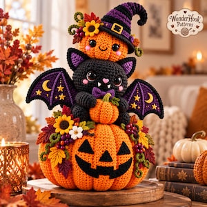 Könnte beinhalten: Ein gehäkelter Amigurumi-Stapel bestehend aus einem großen orangefarbenen Kürbis, einer schwarzen Fledermaus mit violetten Flügeln und einem kleinen Kürbis mit violettem Hexenhut. Dekoriert mit gehäkelten Sonnenblumen, Blättern und Beeren.