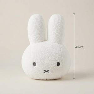 Pode incluir: Um brinquedo de pelúcia de coelho branco com duas orelhas longas, dois olhos circulares escuros e uma boca escura em forma de cruz. O brinquedo tem uma superfície texturizada e felpuda, ao lado de uma linha de medição vertical de 40 cm.
