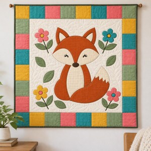 Patrón de edredón de zorro en PDF, patrón de edredón con apliques de zorro, edredón de bebé con temática de bosque, tapiz para habitación infantil, borde de patchwork, aplique termoadhesivo, 6 tamaños
