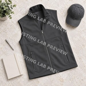 May include: A charcoal gray sleeveless vest featuring a full-length front zipper, a high collar, and two zippered side pockets. The vest is displayed alongside a matching charcoal gray baseball cap, a silver pen, and a closed notebook.