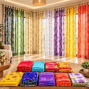 May include: A collection of sheer curtains in various colors including black, green, beige, white, purple, yellow, and red, featuring floral patterns. Below, folded fabric pieces in vibrant hues like yellow, blue, purple, and red are displayed.