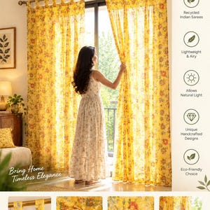 Puede incluir: Cortinas amarillas con estampado floral y de patchwork con diseño de trabillas. La tela es ligera y semitransparente, permitiendo el paso de la luz natural. Las cortinas están colgadas de una barra, mostrando el patrón y la textura.