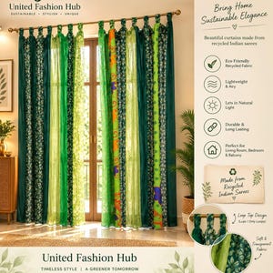 Puede incluir: Un juego de cortinas de piso a techo con paneles verticales en tonos verde, lima y verde bosque oscuro con patrones florales y de enredaderas. Las cortinas cuelgan de una barra dorada con un diseño de trabillas y están hechas de saris indios reciclados.