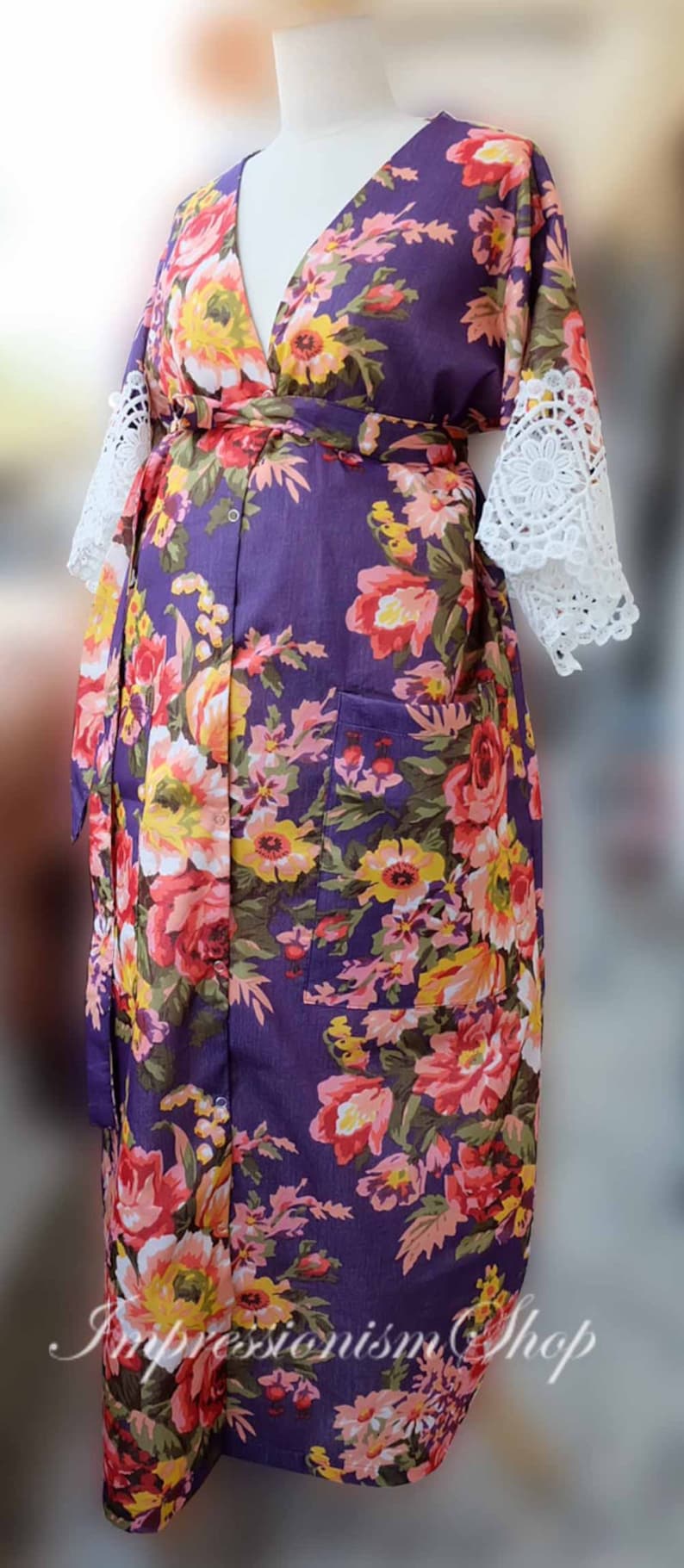 Kaftans Maternity Hospital Gown Ankle length Maternity Robe Purple Front and Snaps down back gown delivery To be Mom Kimono Robe Pregnant