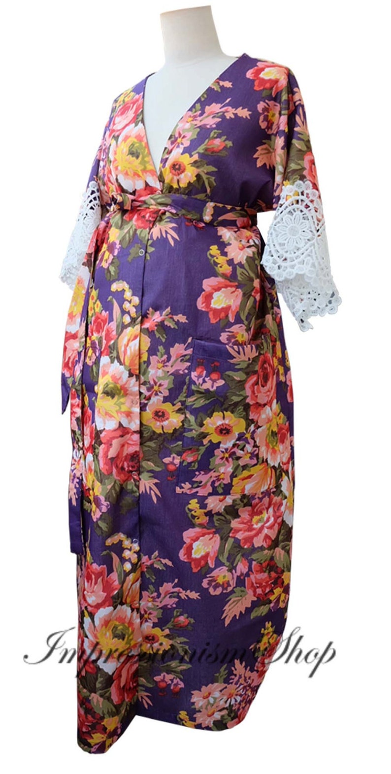 Kaftans Maternity Hospital Gown Ankle length Maternity Robe Purple Front and Snaps down back gown delivery To be Mom Kimono Robe Pregnant