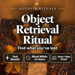 May include: A lit candle centrepiece with text reading Octavia Rituals Object Retrieval Ritual Find what you've lost, featuring three rectangular icons labelled Fast Results, Ritual Within 10 Hours, and Photo / Video Proof, with a note saying Octavia Rituals.