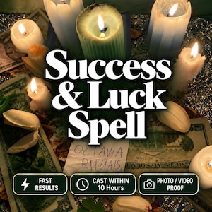 Pode incluir: Uma coleção de velas brancas e azuis acesas dispostas em torno de notas de dólar americano e um bilhete com a inscrição OCTAVIA RITUALS. A imagem contém o texto SUCCESS & LUCK SPELL, FAST RESULTS, CAST WITHIN 10 HOURS, PHOTO / VIDEO PROOF.