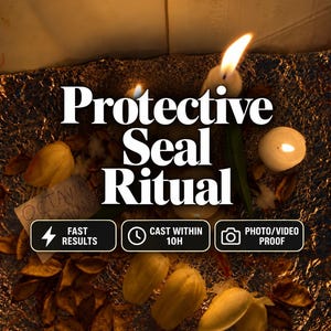 Può includere: Un rituale su una superficie di carta stagnola stropicciata con candele bianche accese, foglie marroni secche e un foglietto con il testo OCTAVIA RITUALS. L'immagine include i testi: Protective Seal Ritual, FAST RESULTS, CAST WITHIN 10H e PHOTO/VIDEO PROOF.