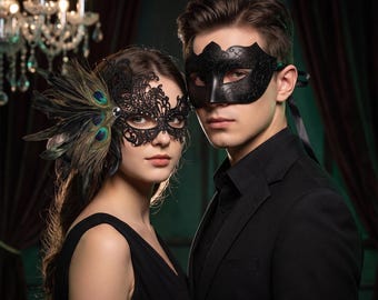 Halloween-maskset för par, fjädermasker för karneval, tillbehör till Mardi Gras-kostymer, venetianska festmasker för två