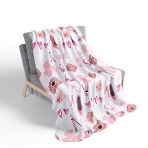 Pink Fashion Icons Fleece Sherpa Blanket | Camera Heels Sunglasses Hearts