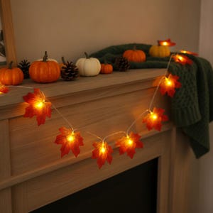 Pode incluir: Um fio de luzes LED com folhas de ácer artificiais cor de laranja e vermelhas, disposto sobre uma lareira. A decoração inclui várias abóboras pequenas cor de laranja e brancas, pinhas castanhas e uma manta de malha verde escura.