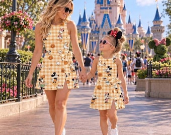 Disney Mommy and Me Tennis Dress, Orange Beige Plaid Pumpkin Print, Matching Mom Daughter Athletic Dress, Fall Theme Park Outfit