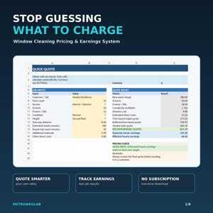 Pode incluir: Uma planilha digital intitulada STOP GUESSING WHAT TO CHARGE Window Cleaning Pricing & Earnings System. A interface exibe uma tabela de orçamento rápido com entradas como número de vidros, tipo de serviço e distância.