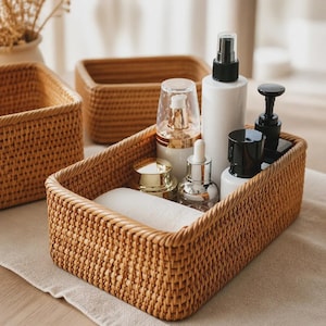 Handwoven Rattan Storage Basket, Rectangular Wicker Organizer for Home & Kitchen