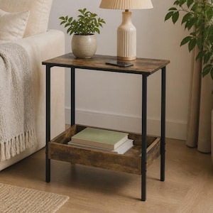Modern Wood & Metal Side Table with 2 Shelves Storage, 50x55x25cm Sofa End Table