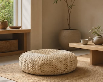 Cuscino rotondo da pavimento in paglia naturale, pouf tatami intrecciato a mano, seduta per meditazione in stile giapponese
