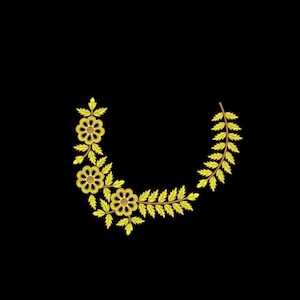 May include: A crescent-shaped embroidery design featuring three yellow flowers with brown centers, surrounded by yellow leaves and stems. The floral pattern is arranged in a curved, wreath-like formation against a solid black background.