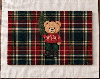 Personalized Christmas Doormat, Custom Welcome Mat, Plaid Porch Rug, Bear Holiday Entryway Decor