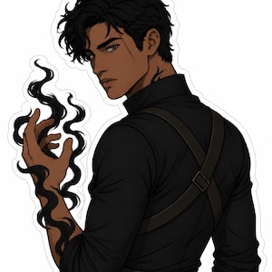 May include: A sticker illustration of a person with dark skin and messy black hair, wearing a black long-sleeved shirt with a dark harness. The person has a scar on their cheek and is conjuring swirling black smoke from their right hand.