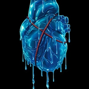 May include: A stylized anatomical heart illustration rendered in a translucent, glossy blue material with liquid dripping from its surface. A thin, dark red cord is wrapped diagonally around the heart, contrasting with the vibrant blue tones.