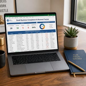 May include: A laptop displaying a Small Business Compliance & Renewal Tracker spreadsheet with data tables, a pie chart, and status metrics. The screen shows columns for category, requirement, frequency, owner, due date, and status notes.