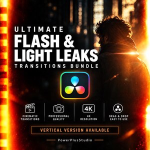 Blixt- och ljusläckageövergångar för DaVinci Resolve | 4K-filmiska videoeffekter-paket för kreatörer