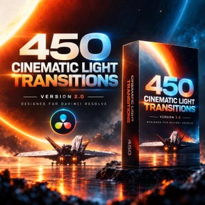 May include: A rectangular product box labeled 450 Cinematic Light Transitions Version 2.0 Designed for DaVinci Resolve, featuring a space-themed graphic with a fighter jet, a glowing planet, and the DaVinci Resolve logo in the center.