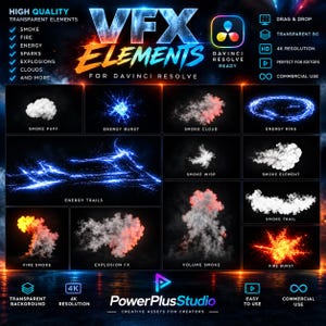 Elementos de efectos visuales para DaVinci Resolve, superposiciones de humo, fuego y energía, paquete de efectos 4K, recursos de efectos especiales para uso comercial.