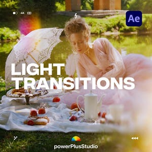 Może przedstawiać: Osoba w jasnoróżowej sukience siedzi na białym materiale z białą koronkową parasolką, białym czajnikiem i wypiekami. Tekst głosi LIGHT TRANSITIONS, Ae oraz powerPlusStudio. Scena na zewnątrz w pobliżu wody z zielenią.