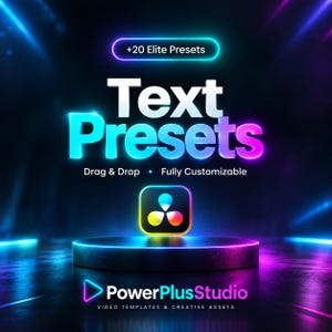 Könnte beinhalten: Eine digitale Grafik mit dem Text +20 Elite Presets, Text Presets, Drag & Drop, Fully Customizable sowie PowerPlusStudio Video Templates & Creative Assets. Ein buntes Symbol steht auf einer dunklen, runden Plattform mit blauer und violetter Neonbeleuchtung.