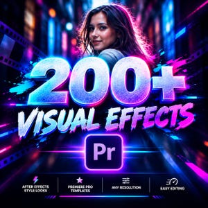 Puede incluir: Un gráfico digital con el texto 200+ VISUAL EFFECTS y el logotipo de Adobe Premiere Pro. El diseño incluye a una persona de fondo, iluminación de neón azul y rosa vibrante, e iconos para After Effects, plantillas, resolución y edición.
