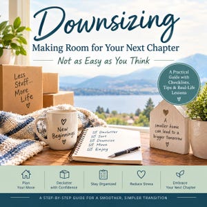 May include: A book cover titled Downsizing: Making Room for Your Next Chapter, Not as Easy as You Think. It features a white mug with New Beginnings, a spiral notebook with a checklist, a wooden house sign, and cardboard boxes on a table.