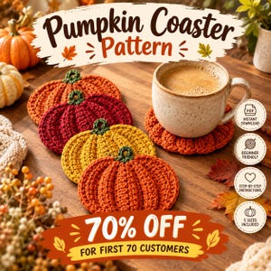 Virkmönster för pumpafönster i PDF-format, virkat set med höstunderlägg, virkmönster för Halloween och Thanksgiving, höstbordsdekorationer, heminredningspresenter