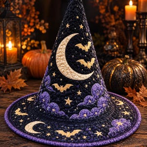 Puede incluir: Un sombrero de bruja acolchado en negro con el borde de la ala en morado, con lunas crecientes, estrellas y murciélagos dorados bordados. La tela presenta un patrón de costuras texturizado con formas de nubes moradas alrededor de la base.