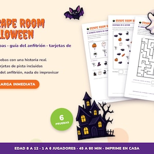 Peut inclure: Un kit de jeu d'évasion Halloween imprimable comprenant trois feuilles d'activités avec des énigmes, un labyrinthe et des icônes de personnages. L'ensemble inclut une illustration de maison hantée, un fantôme, une chauve-souris et un chaudron.