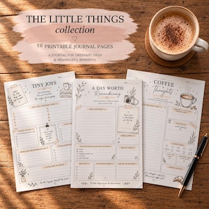 May include: Three printable journal pages from The Little Things collection featuring sections for Tiny Joys, A Day Worth Remembering, and Coffee & Thoughts. Each page includes lined writing areas, checkboxes, and illustrations of coffee cups.