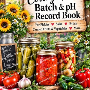 May include: A Cottage Food Batch & pH Record Book with a wooden sign background featuring sunflowers and three glass mason jars filled with pickles, red salsa, and mixed vegetables. Text includes "Just Wingin' It" and "Keep Good Records for a Safe & Successful Business."