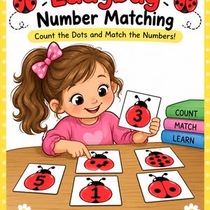 Pode incluir: Uma folha de atividades educativas Ladybug Number Matching com o texto Ladybug Number Matching, Count the Dots and Match the Numbers!, e Little Hands. Big Learning!. Mostra cartões com joaninhas e números numa mesa de madeira.