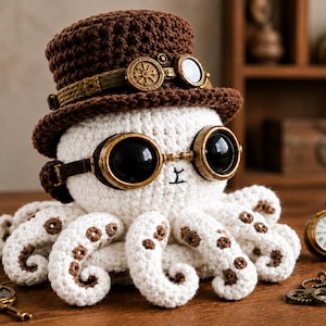 May include: A white crocheted octopus plush toy wearing a brown top hat adorned with bronze-colored gear accents and matching goggles. The octopus features dark brown embroidered suckers on its tentacles and black-rimmed goggles over its eyes.