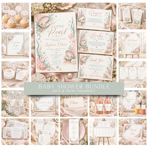 May include: A baby shower stationery bundle featuring a nautical theme with watercolor illustrations of seashells, pearls, and coral. The set includes invitations, signs, tags, and game cards with gold text accents on a white background.