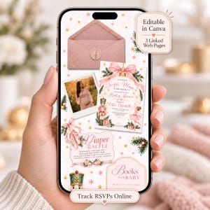 Op de afbeelding: Een digitale babyshower uitnodigingsset op een smartphonescherm, met een roze envelop, een foto van een zwanger persoon, een notenkraker, een ballerina en tekst waaronder A Little Sugar Plum Is On The Way.