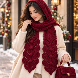 May include: A deep red crochet hooded scarf featuring a leaf-like pattern with integrated bobble details, paired with a matching deep red crochet handbag with a gold-tone clasp, worn over a cream-colored long-sleeved sweater and a light beige coat.