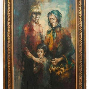 May include: An oil painting in a decorative gold and black frame depicting three figures: a younger person with blonde hair in a red top, an older person wearing a headscarf and dark clothing, and a child standing between them in a dark outfit.